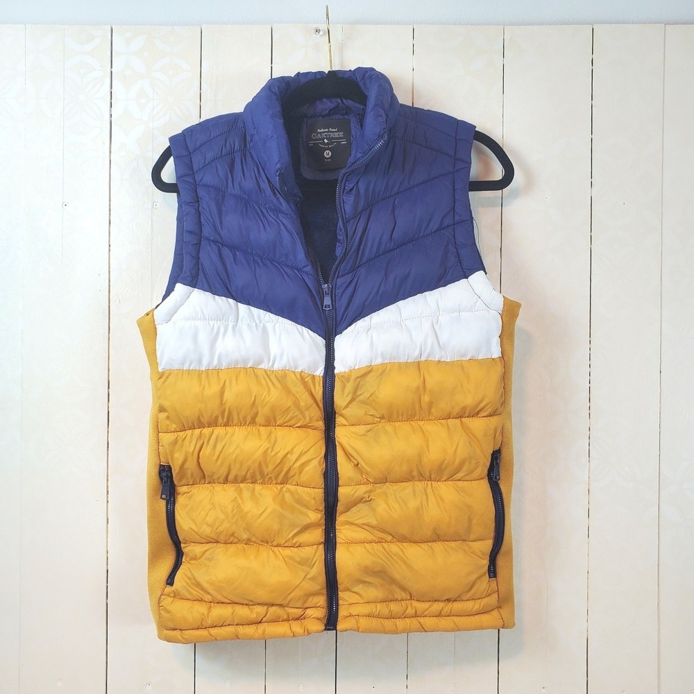 Colorblock Puffer Vest Blue Yellow Plush Lined Mens Medium Oak Tree Womens S